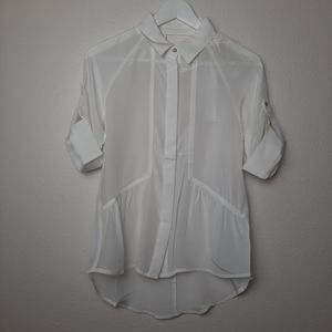 Line & Dot Sheer Overlay Long Sleeve Button Blouse